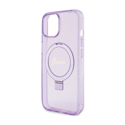 Guess Ring Stand Script Glitter MagSafe - Etui iPhone 15 Plus (fioletowy)