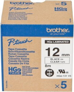Brother oryginalny taśma do drukarek etykiet, Brother, HGE-131, czarny druk/przezroczysty podkład, 8m, 12mm, 5 SZT. W OPAKOWANIU, HGE131V5