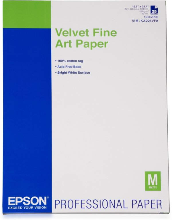 Epson Velvet Fine Art Paper, artystyczny papier, aksamitny, biały, A2, 260 g/m2, 25 szt., C13S042096, atrament