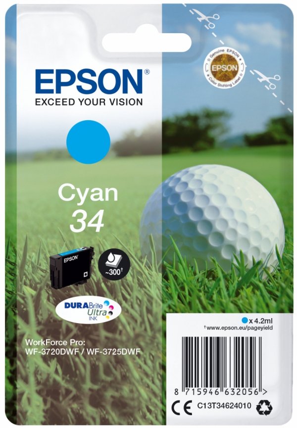 Tusz EPSON C13T34624020, T346240, cyan, z zabezpieczeniem, 4.2ml, Epson WF-3720DWF, 3725DWF