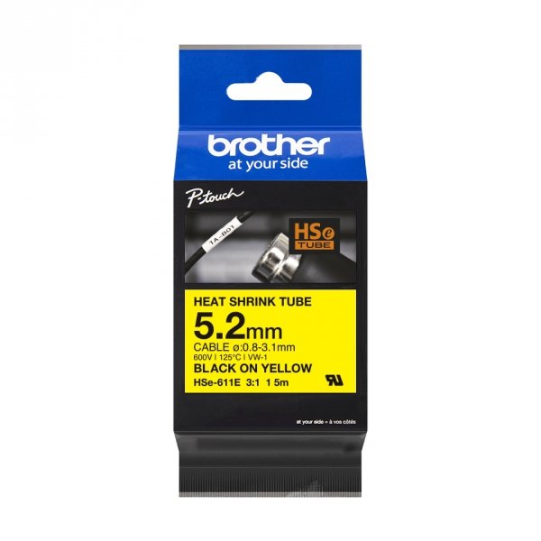 Taśma Brother HSE-611E, czarny druk/żółty podkład, 1.5m, 5.2mm
