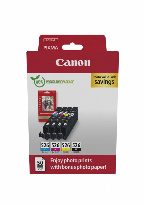 Tusz Canon CLI-526 CMYK, 4540B019, black/color, 4-pack C/M/Y/K + paper