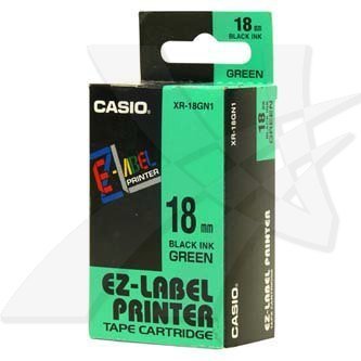 Casio oryginalna taśma do drukarek etykiet. Casio. XR-18GN1. czarny druk/zielony podkład. nielaminowany. 8m. 18mm XR-18GN1