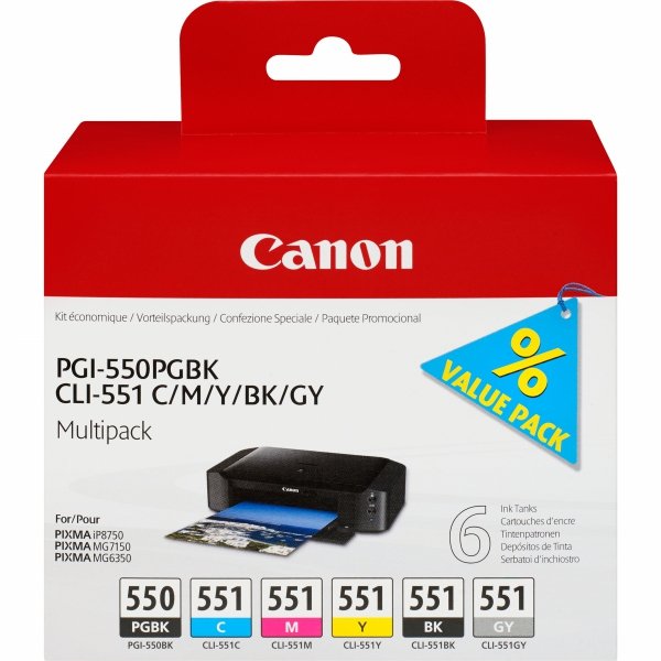 Tusz Canon PGI-550/CLI-551PGBK/C/M/Y/BK/GY Multipack. black/color. 6496B005. Canon PIXMA iP8750. MG7150. MG6350 6496B005