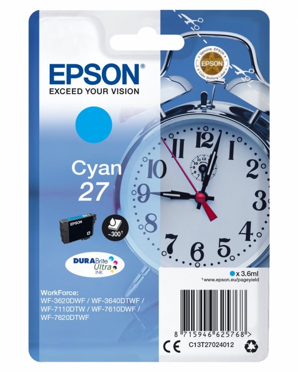 Tusz EPSON  C13T27024022, 27, cyan, 3,6ml, Epson WF-3620, 3640, 7110, 7610, 7620 C13T27024022