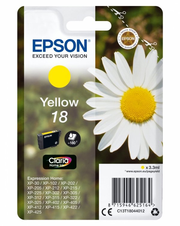 Tusz EPSON C13T18044012, T180440, yellow, 3,3ml, Epson Expression Home XP-102, XP-402, XP-405, XP-302