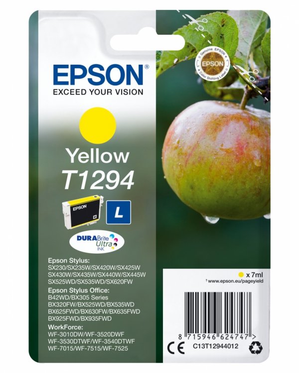 Tusz EPSON C13T12944012, T1294, yellow, 485s, 7ml, Epson Stylus SX420W, 425W, Stylus Office BX305F, 320FW