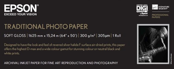 Papier do plotera / EPSON / 1626/15/Traditional Photo Paper, 64&quot;, C13S045107, 300 g/m2, papier, 1626mmx15m, biały, do drukarek atramentowych, rolka, fot