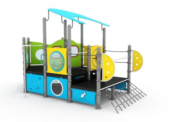 Statek zabawowy z linami, okrągłymi oknami i motywem kotwicy, plac zabaw dla przedszkoli