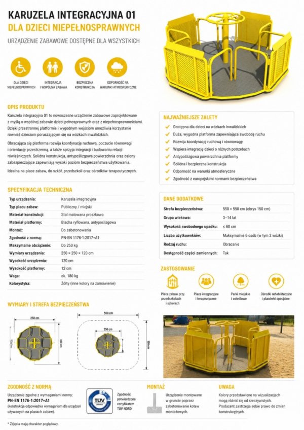 Karuzela integracyjna – karta techniczna, PN-EN 1176, urządzenie na plac zabaw dla niepełnosprawnych