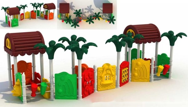 Zestaw zabawowy Panele Edukacyjne 01 – widok kompletnego zestawu z daszkami i panelami interaktywnymi