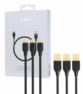 AUKEY CB-MD3 Black zestaw 3 szt. szybkich kabli Quick Charge micro USB-USB | 2x1m i 1x2m | 480 Mbps
