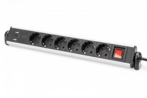 Digitus Listwa zasilająca biurowa 45° 6 gniazd, 2xUSB-A 1xUSB-C (5V/3,4A) możliwość obrotu o 180°, aluminiowa, z zaciskiem na bl
