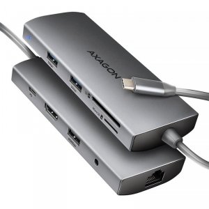 AXAGON HMC-8HLSA Wieloportowy hub USB-C 3.2 Gen 1 hub, 3x USB-A + 4K/30Hz HDMI + SD/microSD, GLAN, Audio, PD 100W, 20cm USB-C ka