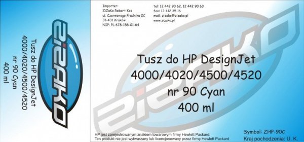 Tusz zamiennik Yvesso nr 90 do HP Designjet 4000/4020/4500/4520 (400 ml) Cyan C5061A