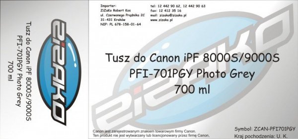 Tusz zamiennik Yvesso PFI-701PGY Photo Grey 700ml do Canon iPF8000S iPF9000S CF0910B001AA
