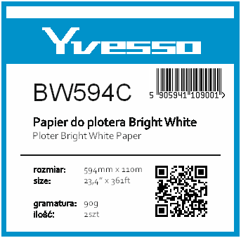 Papier w roli do plotera Yvesso Bright White 594x110m 90g BW594C