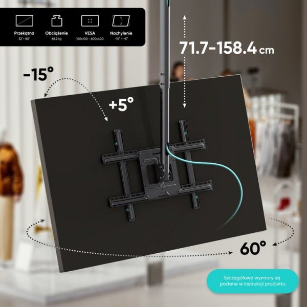 ONKRON N1L-B Uchwyt sufitowy obrotowo-pochylny do ekranu 32"-80" maks 68 kg czarny