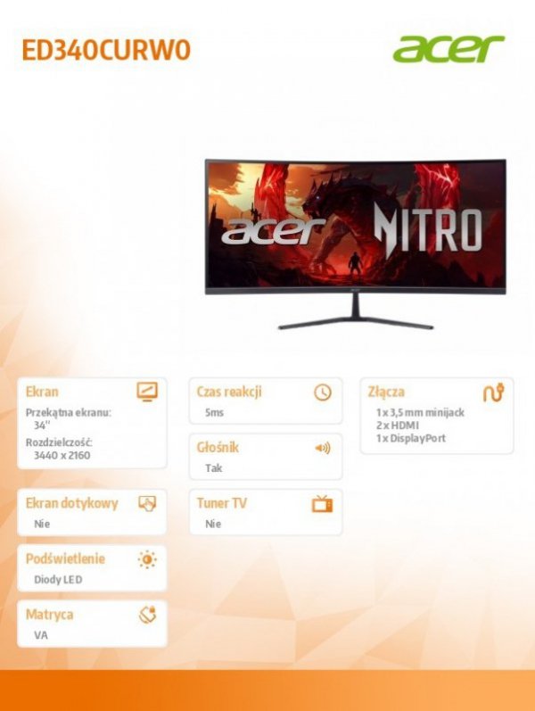 Acer Monitor 34 cale ED340CURW0 Nitro VA WQHD HDMIx2 240Hz