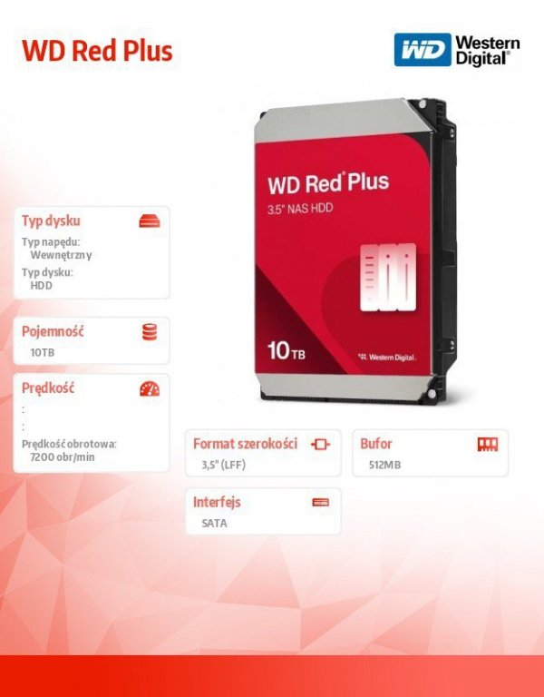 Western Digital Dysk HDD Red Plus 10TB 3,5'' 512MB/7200RPM WD100EFGX
