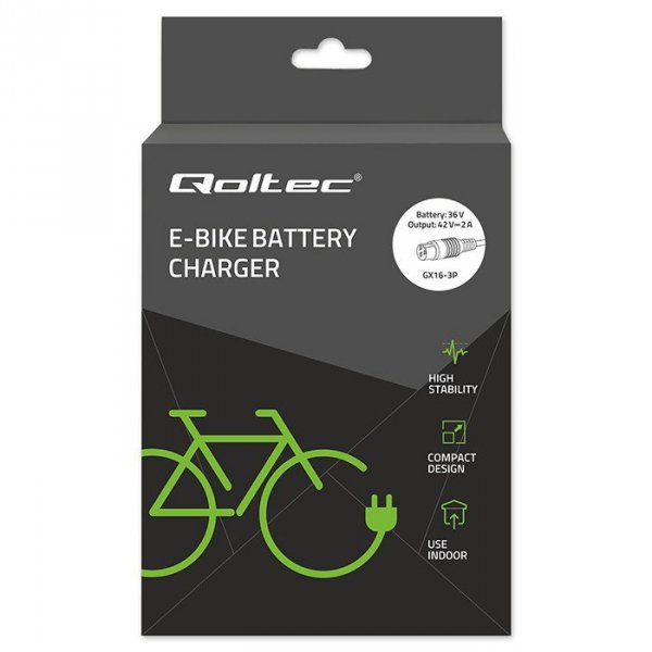 Qoltec Ładowarka do roweru elektrycznego 36V | 42V | 2A | 3P-GX16 + kabel zasilający