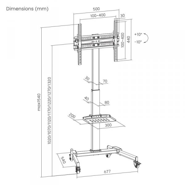 Gembird Stojak pod telewizor z regulacją wysokości, mobilny, na kółkach, 32-55 cale