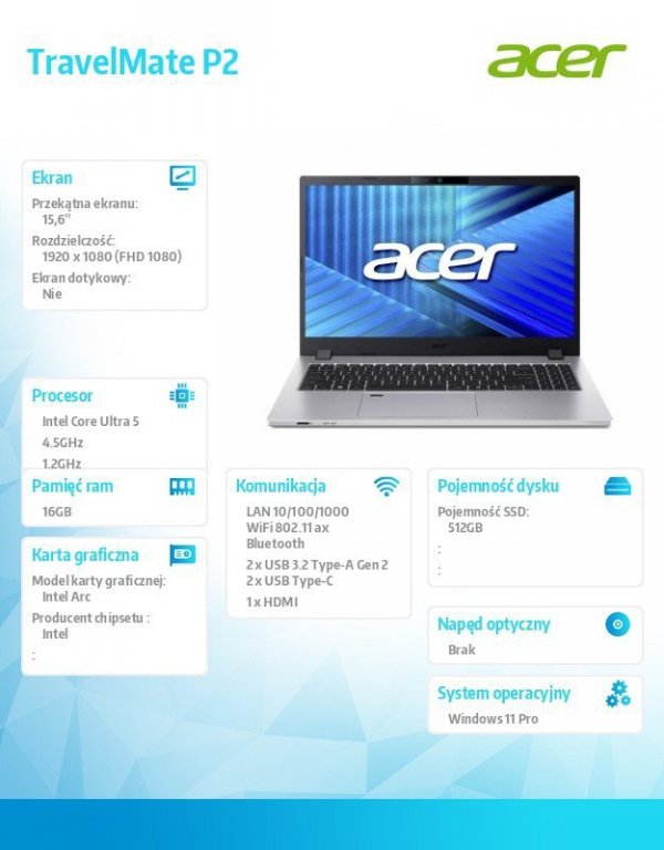 Acer Notebook TravelMate P2 TMP215-75-G2-TCO Ultra5 125H 16GB/512GB/W11PRO,  3 Years On Site