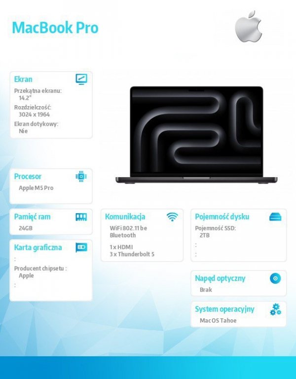 Apple MacBook Pro 14.2 cala: M5 Pro 18/20, 24GB, 2TB SSD, bez zasilacza - Gwiezdna czerń
