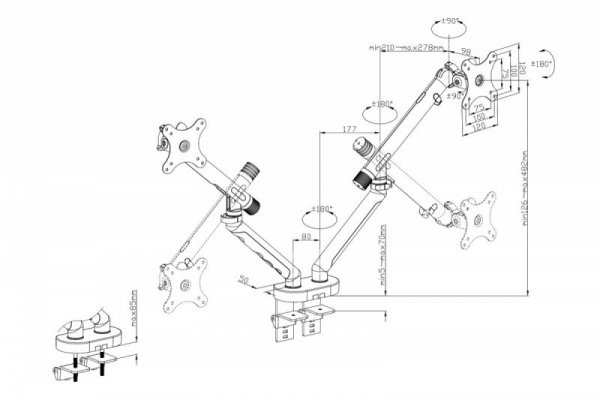 Digitus Ramię biurkowe podwójne z zaciskiem i sprężyną mechaniczną 2x LCD max. 35" obciążenie 2x10kg, VESA: 75x75, 100x100,