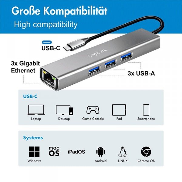 LogiLink HUB USB3.2 3xUSB-A, 1x RJ45 Gigabit Ethernet