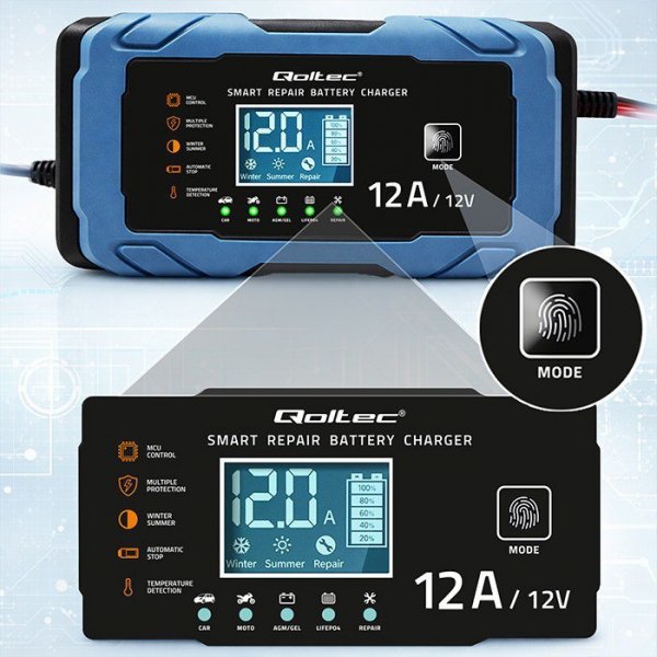 Qoltec Ładowarka 12V 12A | Prostownik z funkcją naprawy | AGM GEL       LiFePO4 | 9-stopniowe ładowanie