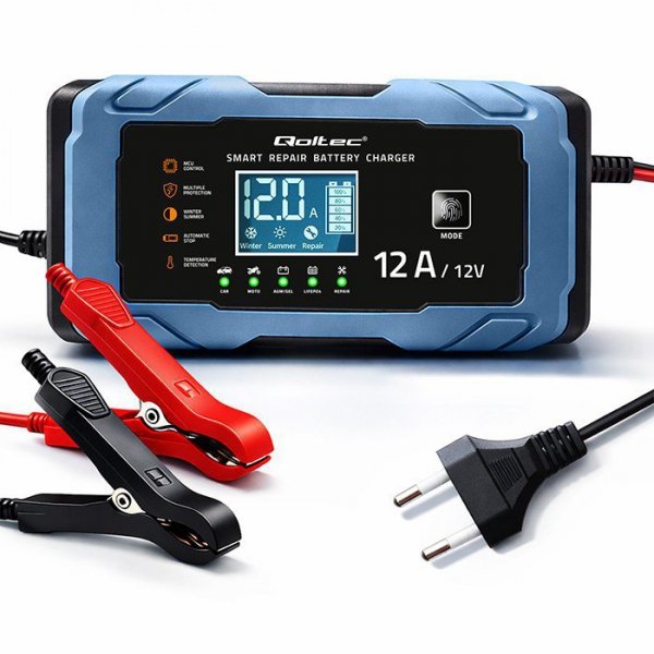 Qoltec Ładowarka 12V 12A | Prostownik z funkcją naprawy | AGM GEL       LiFePO4 | 9-stopniowe ładowanie