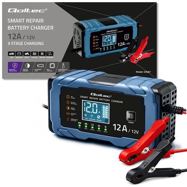 Qoltec Ładowarka 12V 12A | Prostownik z funkcją naprawy | AGM GEL       LiFePO4 | 9-stopniowe ładowanie