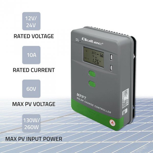 Qoltec Solarny regulator ładowania MPPT z czujnikiem temperatury 10A |  12V/24V | LCD | 2xUSB | GEL | LiFePO4