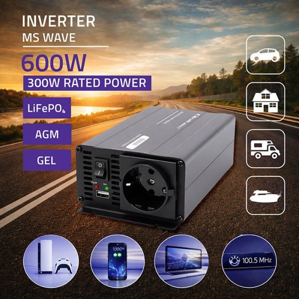 Qoltec Przetwornica napięcia MS Wave | 12V na 230V | 300/600W