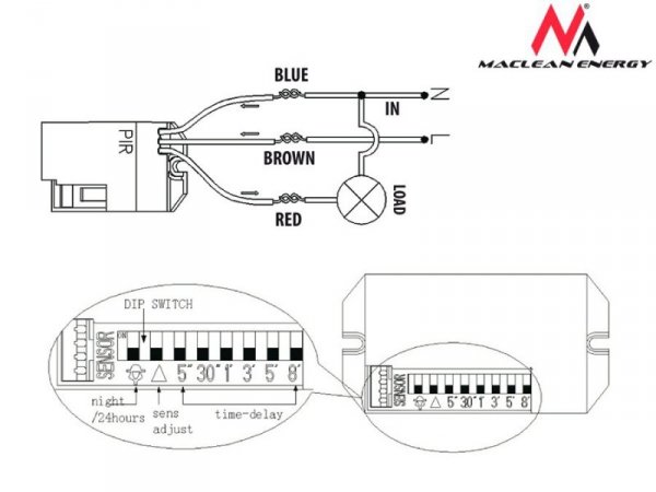 Maclean Czujnik ruchu pir z zewnętrznym sensorem 800W 360s MCE32