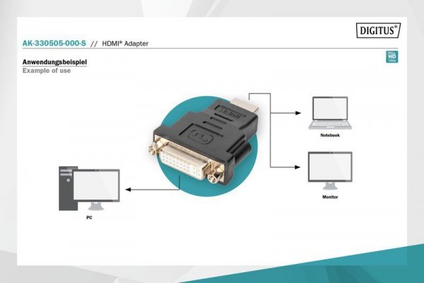 Digitus Adapter HDMI Standard 1080p 60Hz FHD Typ HDMI A/DVI-I (24+5) M/Ż Czarny