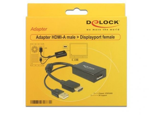 Delock Adapter HDMI(M)+USB(Power)-&gt;Displayport 1.2(F) 24cm