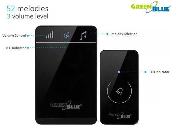 GreenBlue Dzwonek bezprzewodowy GB112 52 melodie czarny