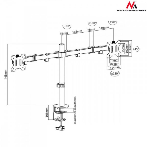 Maclean Uchwyt biurkowy na 2 monitory LCD MC-754 13-32 cale 8kg vesa 75x75/100x100