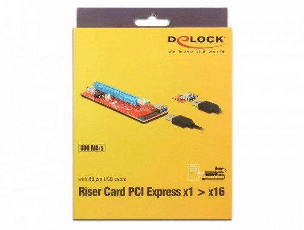 Delock Karta Riser PCI-E x1 -&gt; PCI-E x16 na kablu USB 3.0 60cm