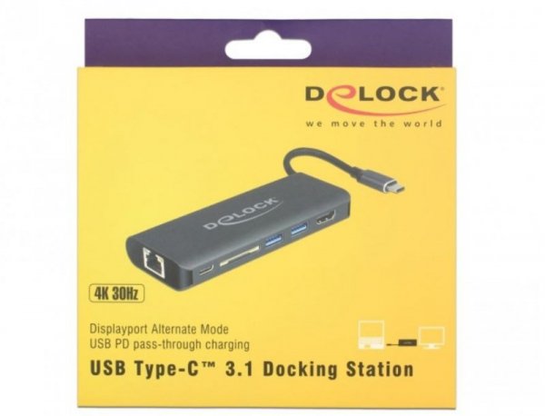 Delock Replikator portów USB-C -&gt; HDMI, LAN, 2x USB 3.0, czytnik kart SD USB-C + zasilanie Czarny