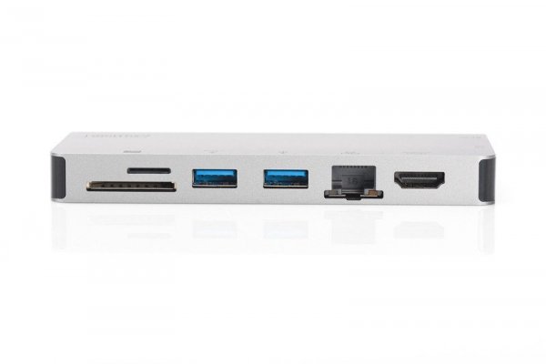 Digitus Stacja dokująca podróżna USB Typ C, 8 portów 4K, HDMI, VGA, USB3.0, RJ45, microSD, SD/MMC, srebrna