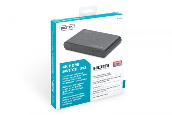 Digitus Przełącznik/Switch HDMI 3-portowy, 4K 60Hz UHD 3D HDR, HDCP 2.2, audio
