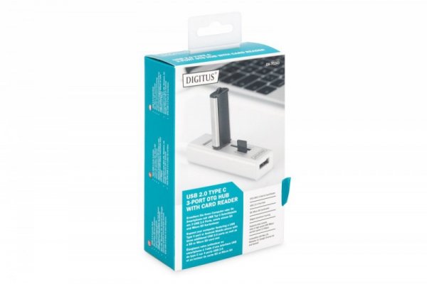 Digitus HUB/Koncentrator 3-portowy OTG USB Typ C, USB 2.0 HighSpeed czytnik kart SD/Micro SD, aluminium