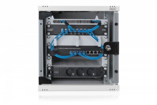 Digitus Szafa wisząca jednosekcyjna 10 cali 6U 330 x 312 x 300mm, drzwi szklane (RAL7035), zmontowana szara