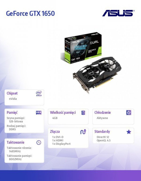 Asus Karta graficzna GeForce GTX 1650 DUAL 4G GDDR5 128bit HDMI/DP/DVI