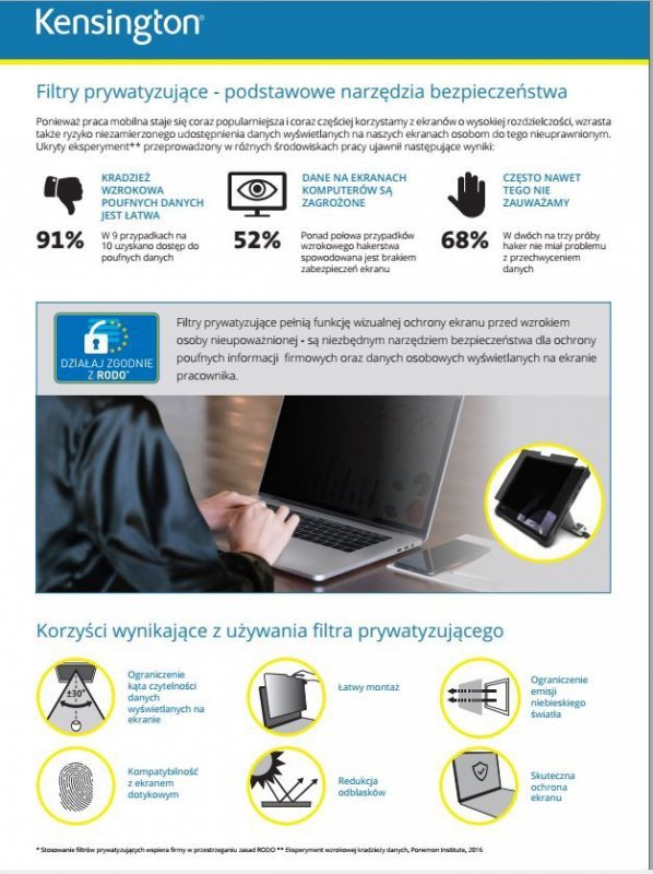 Kensington Filtr prywatyzujący, 2-stronny, zdejmowany do monitora, 17 cali, 16:10