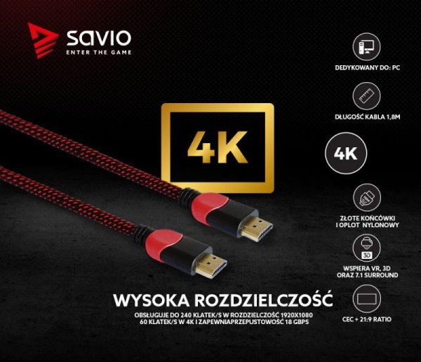 Elmak Kabel HDMI-HDMI v2.0, OFC, miedź, 3D, gamingowy, PC, czerwono-czarny, oplot, 4K, 1.8m SAVIO GCL-01