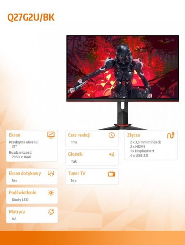 AOC Monitor Q27G2U/BK 27 cali VA 144Hz HDMIx2 DP HAS